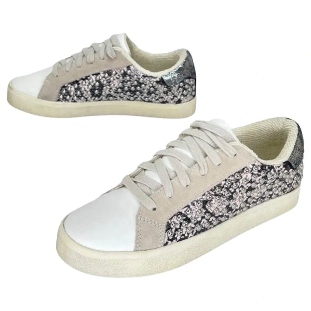 AQUA Womens Sneakers 10M Tess Grey Snake Print Leather Silver Studded